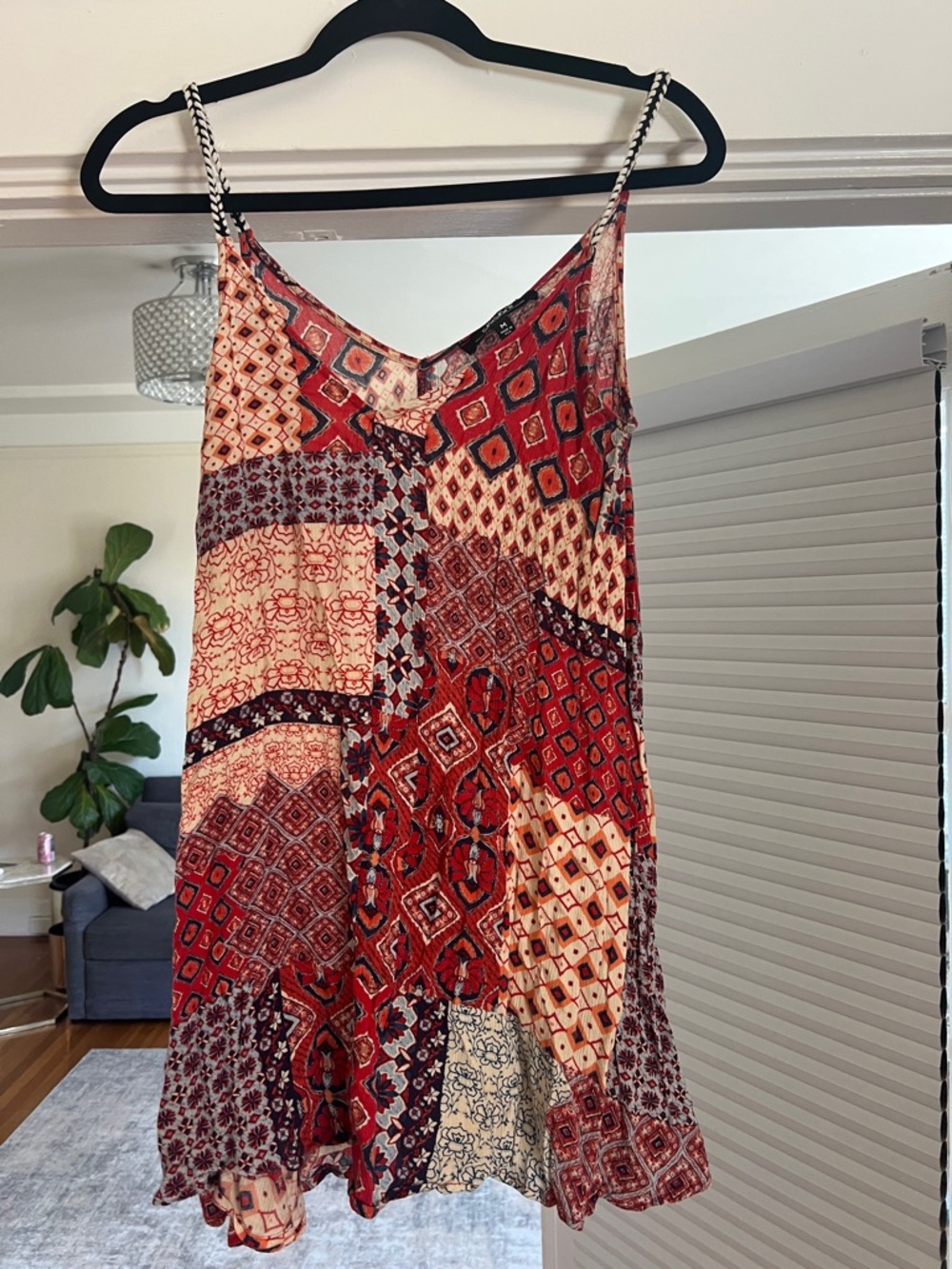LuLu's Red Floral Medallion Blouse with Navy Accents
